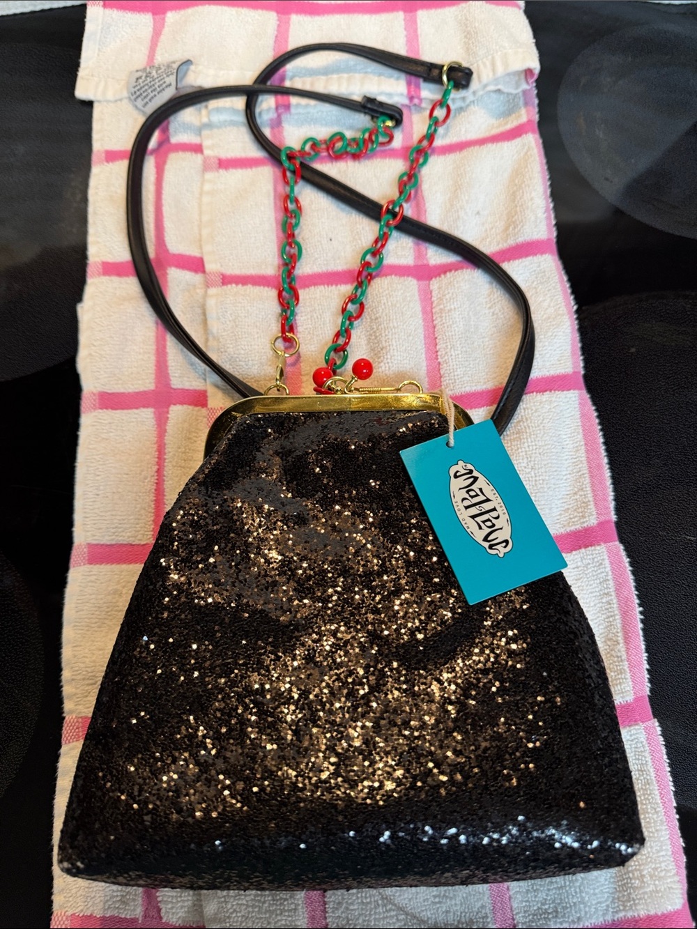 Mad Love Black Sequin Crossbody Bag with Red & Green Chain Accent